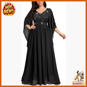 Sequined Lace Formal Maxi Dress with Cape Sleeves V-Neck Elegant Evening Gown